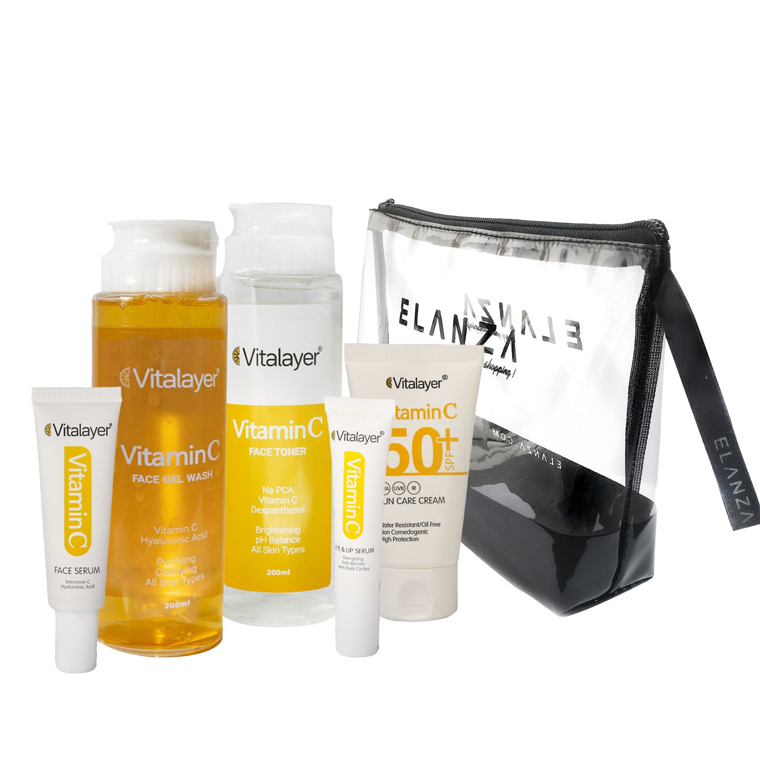 روتین پوستی روشن کننده ویتالیر مدل Vitamin C مجموعه 5 عددی همراه با یک کیف لوازم آرایش رایگان