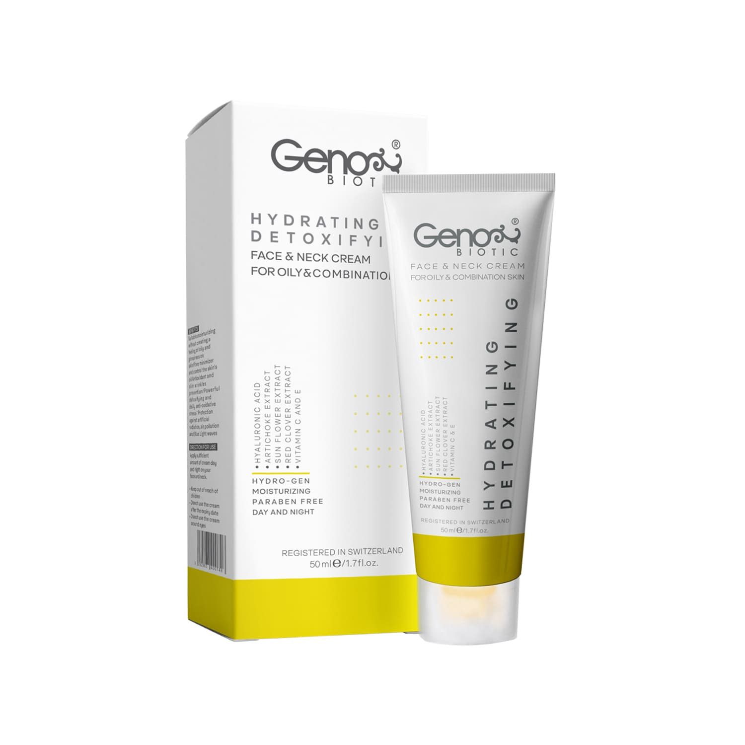 کرم رطوبت رسان و دتوکسیفای کننده صورت و گردن ژنوبایوتیک مناسب پوست های چرب و مختلط حجم 50 میلی لیتر