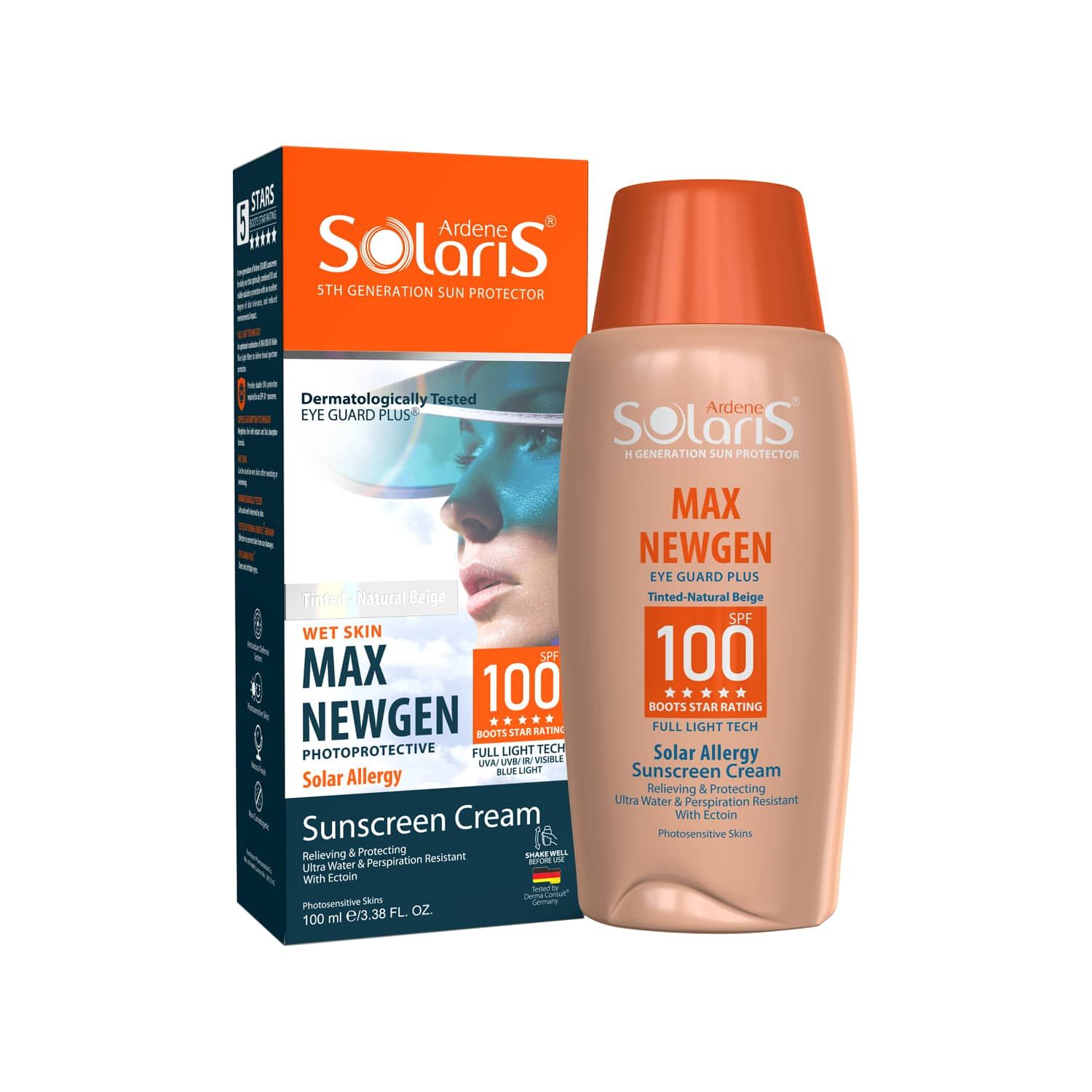 کرم ضد آفتاب سولار آلرژی سولاریس مدل مکس نیوژن SPF 100 مناسب پوست حساس به نور حجم 100 میلی لیتر - بژ طبیعی