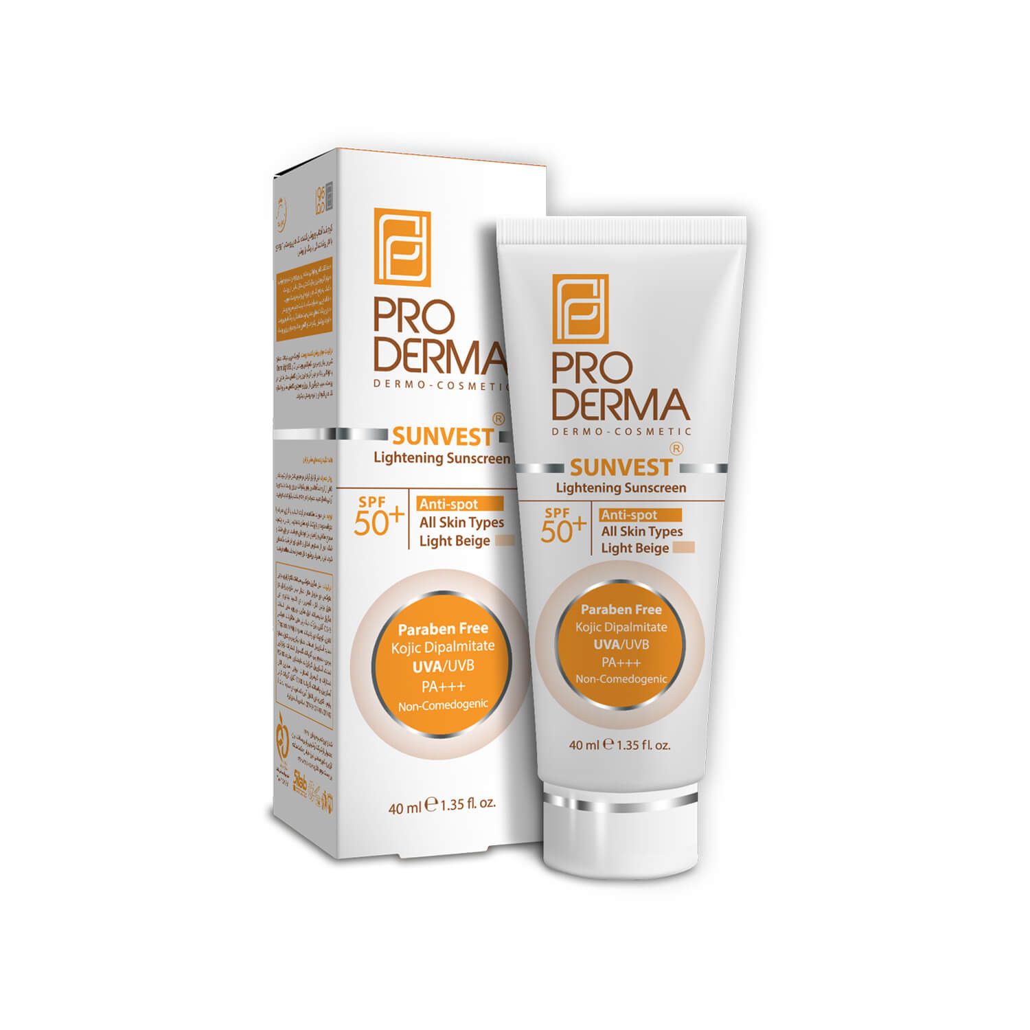 کرم ضد آفتاب و روشن کننده لک پرودرما SPF 50 مناسب انواع پوست حجم 40 میلی لیتر - بژ روشن