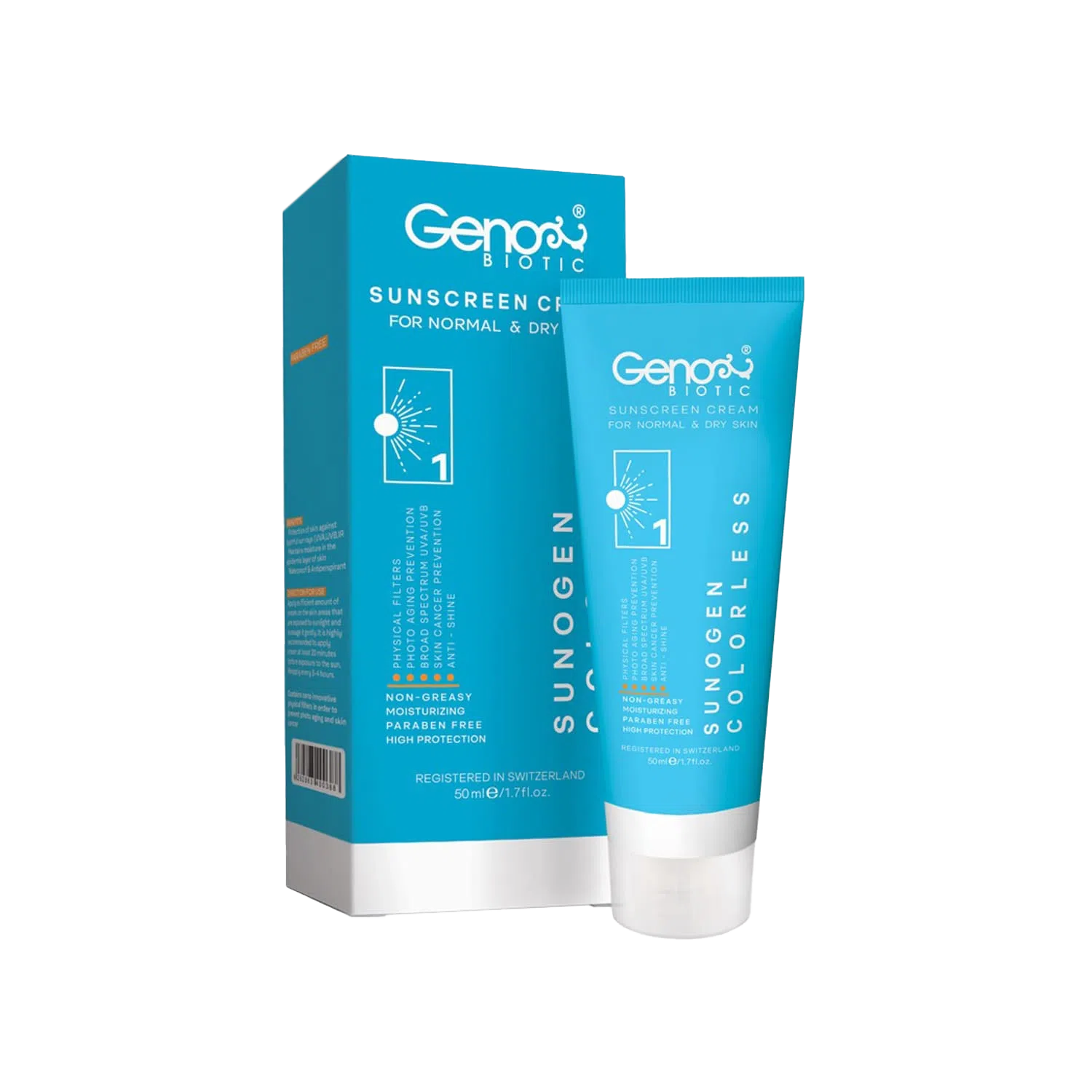 کرم ضد آفتاب SPF 50 ژنوبایوتیک سانوژن مناسب پوست های معمولی تا خشک حجم 50 میلی لیتر - بی رنگ