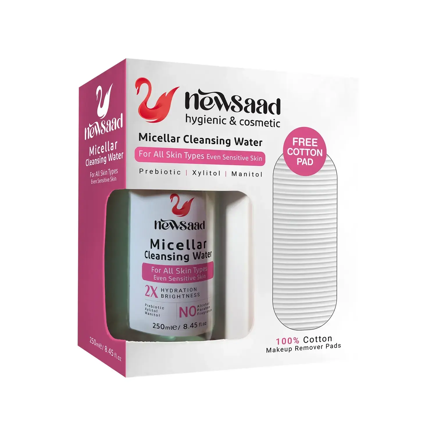 میسلار واتر نیوساد مناسب انواع پوست به همراه پد پاک کننده رایگان حجم 250 میلی لیتر
